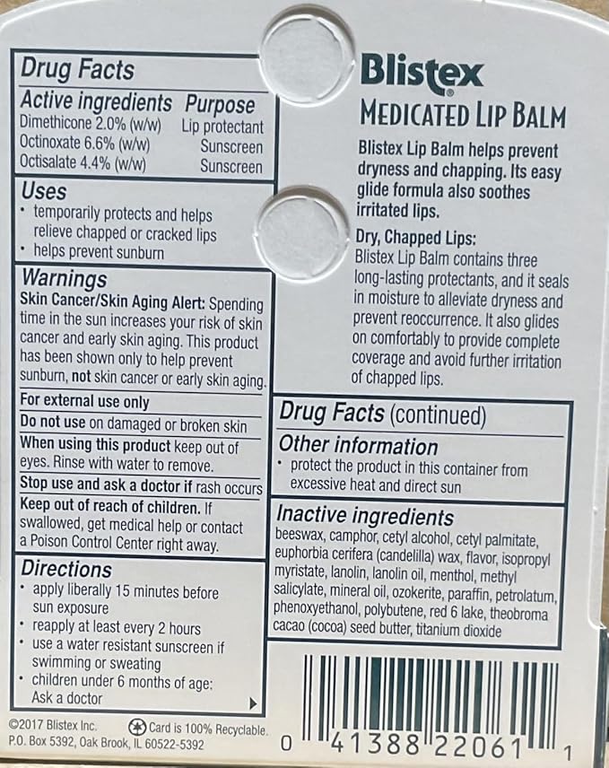 Blistex Medicated Lip Balm with SPF Lips,0.15