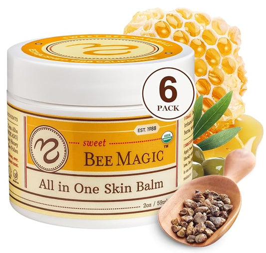 Sweet Bee Naturals - Organic Certified All-in-One Balm & Ointment for Face & Body, Multipurpose Moisturizer for Dryness, & Irritation, Bee Magic Skin Care Essentials - 6 Jars (2oz Each, 12oz Total)
