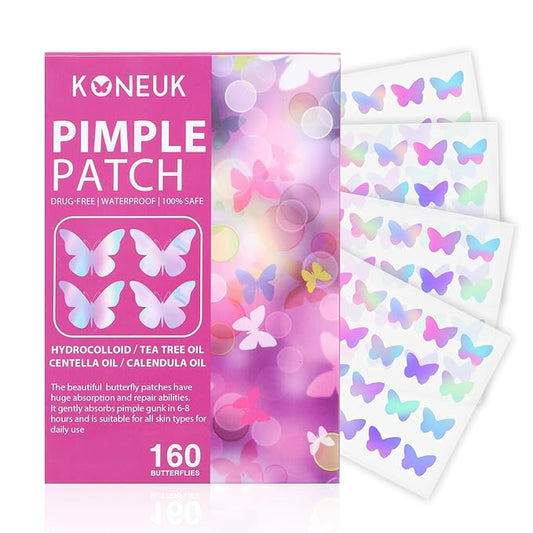 Acne Pimple Patches for Face (160 Counts), Hydrocolloid Acne Patches with Tea Tree Oil and Calendula Extract, Cute Colorful Butterfly Shape Spot Stickers for Skin Care, Zit Patches