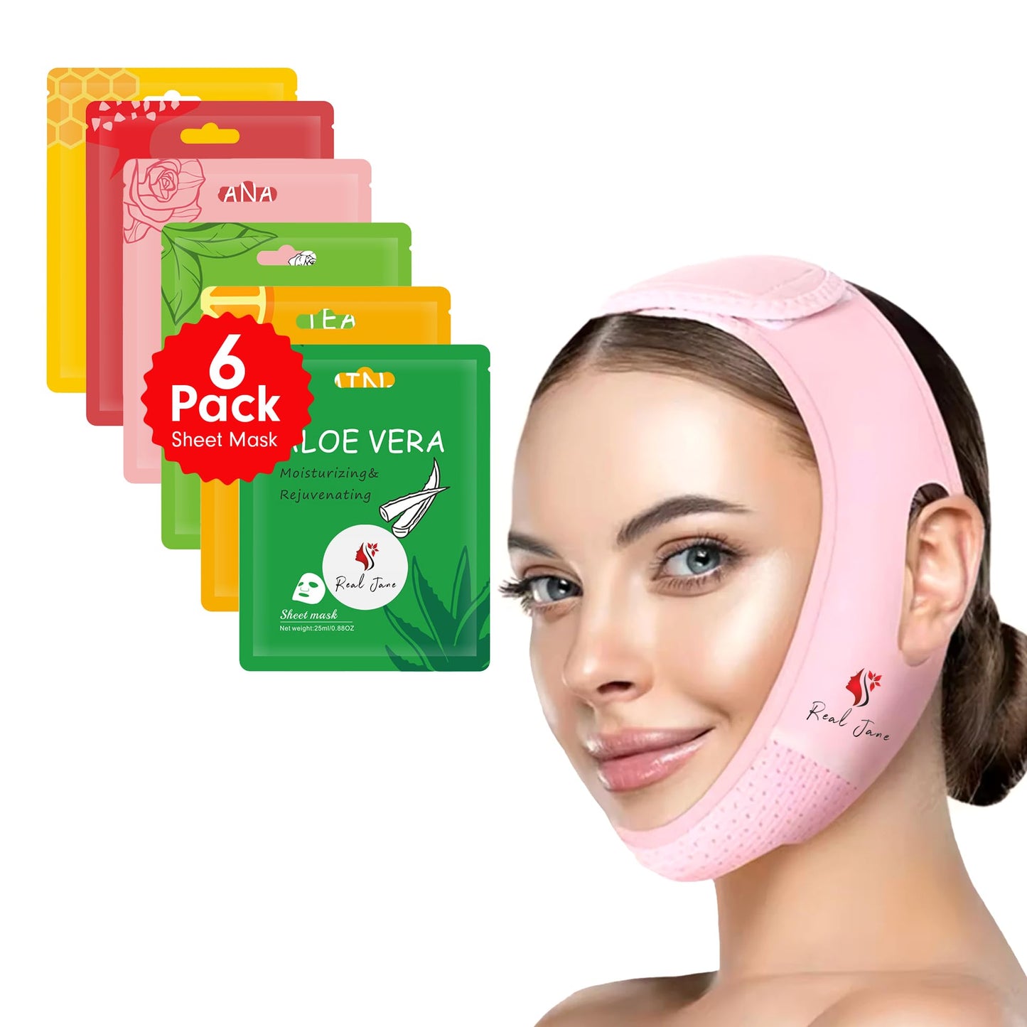 V Line Face Lifting Strap with 6 Korean Dewy Glow Masks – Reusable Chin Strap for Jawline Support, Face Slimming, Skin Care Tool for Women, Facial Firming Band, Beauty Mask Set