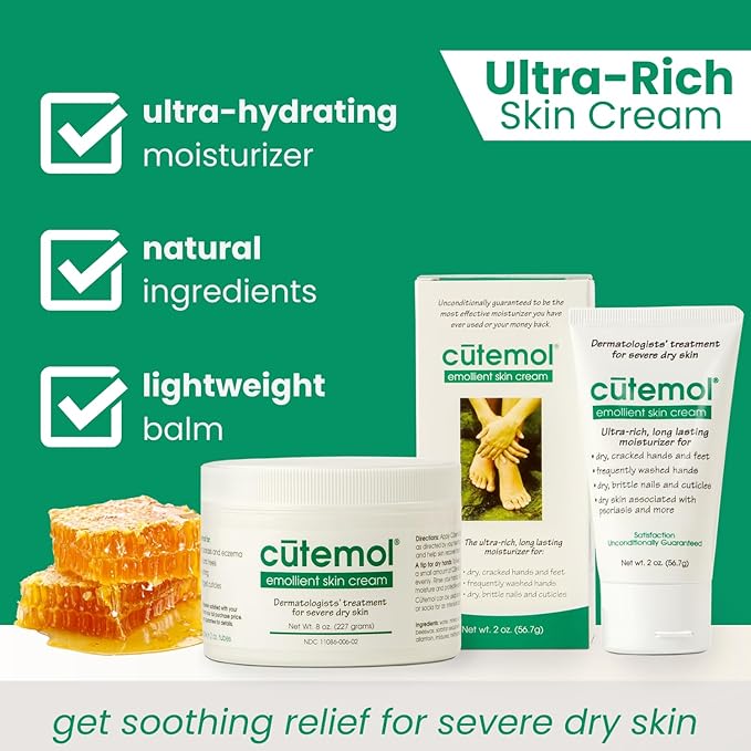 Cutemol Emollient Moisturizing Cream - Serious Moisturizer Lotion Balm for Recovering Dry, Damaged Skin - Hydration for Cracked Hands and Feet, Eczema, Psoriasis, and Raw Skin (8 oz)