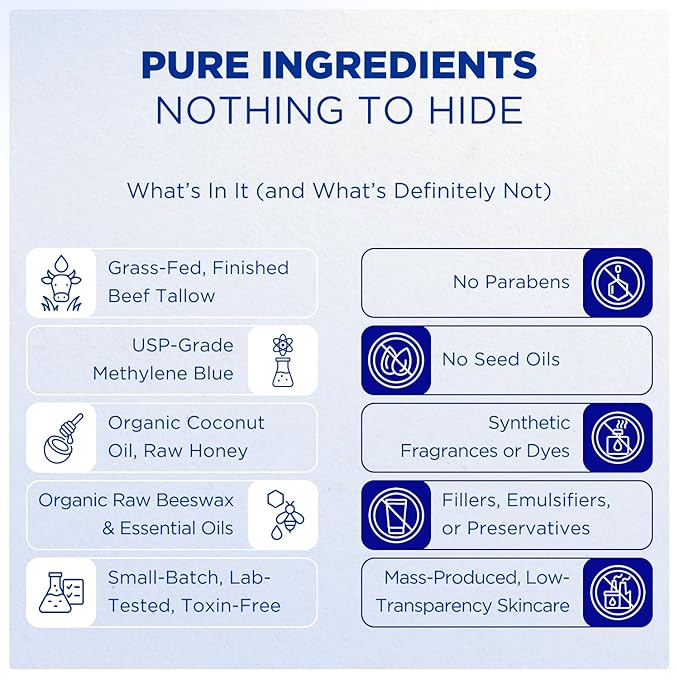 Methylene Blue Tallow Balm for Face – Beef Tallow Moisturizer with Coconut Oil and Honey – Methylene Blue Face Cream for All Skin Types – 3 oz