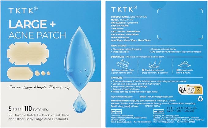 TKTK XXL Pimple Patches for Body, Large Hydrocolloid Acne Patches, 5 Sizes Big Hydrocolloid Bandages for Back, Chest, Shoulders Zit Breakouts, Blemish Patches for Face (Oval, Dot 110 Count)