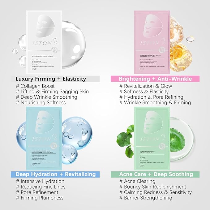 ISTON 4-in-1 Bio-Collagen Real Deep Mask Set -Plump Sagging Skin,Deep Hydration,Soothe & Repair,Nourish & Firm, Overnight Hydrogel Mask for All Skin Type