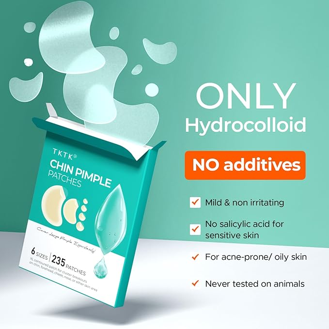 TKTK Chin Pimple Patches (235 Count 6 Sizes), XL Contoured Hydrocolloid Chin Patch 62x42 mm, Large Acne Patch for Face Blemishes Zit Breakouts, Maximum Absorption Overnight Stickers
