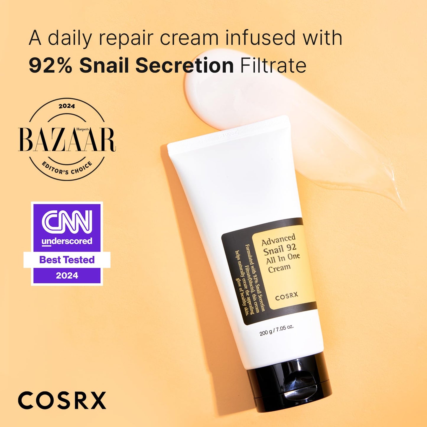 COSRX Snail Mucin 92% Moisturizer, Daily Repair Face Gel Cream Tube Type for Dry, Sensitive Skin, Not Tested on Animals, No Parabens, No Sulfates, No Phthalates, Korean Skin Care (3.52 Fl Oz / 100g)