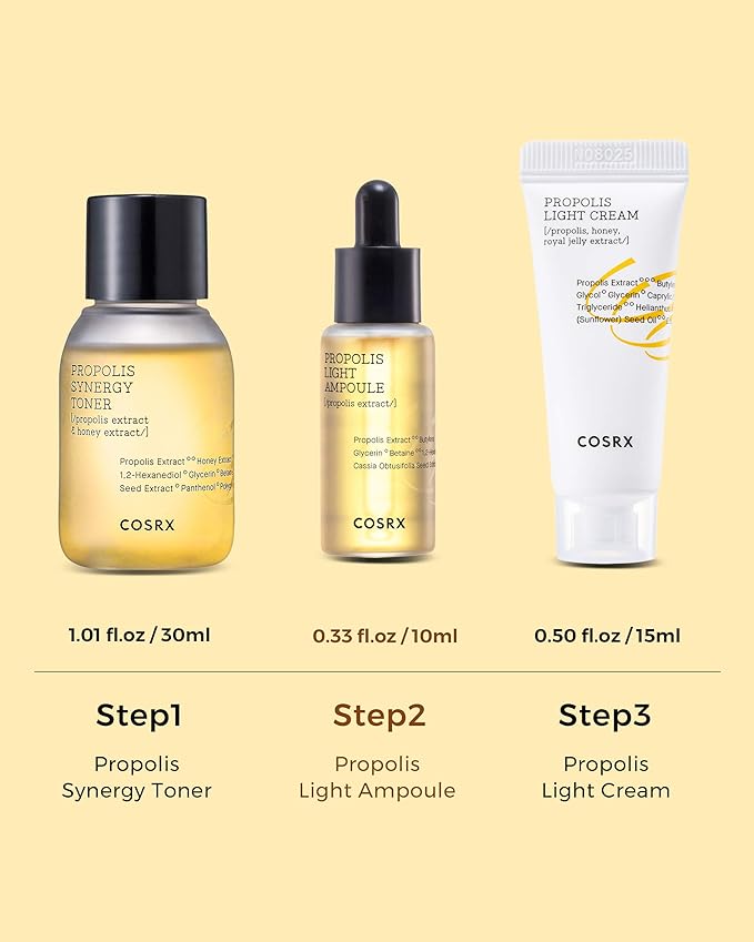 COSRX Honey Glow Kit, Korean Skin Care Set with Propolis Facial Toner, Serum, & Cream, Mini Travel Essentials, Deep Moisture, Hydration, Nourishment, Travel Size Gift Set, Korean Skin Care