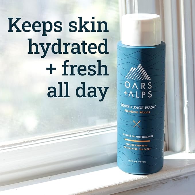 Oars + Alps Mens Moisturizing Body and Face Wash, Skin Care Infused with Vitamin E and Antioxidants, Sulfate Free, Mandarin Woods, 13.5oz, 1 Pack