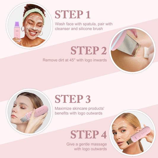 GUGUG Skin Scrubber Face Spatula & Pore Cleaner Blackhead Remover with 4 Modes, Deep Cleansing Facial Tools (Pink, 2-Pack)