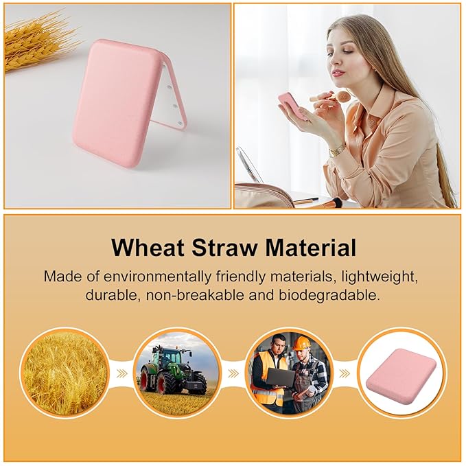 Kintion Wheat Straw Pocket Mirror, 1X/3X Magnification Travel Mirror for Purse, Lighted Plastic Fiber Mirror, Folding Handheld Mirror, Small Lighted Compact Mirror for Gift, Pink