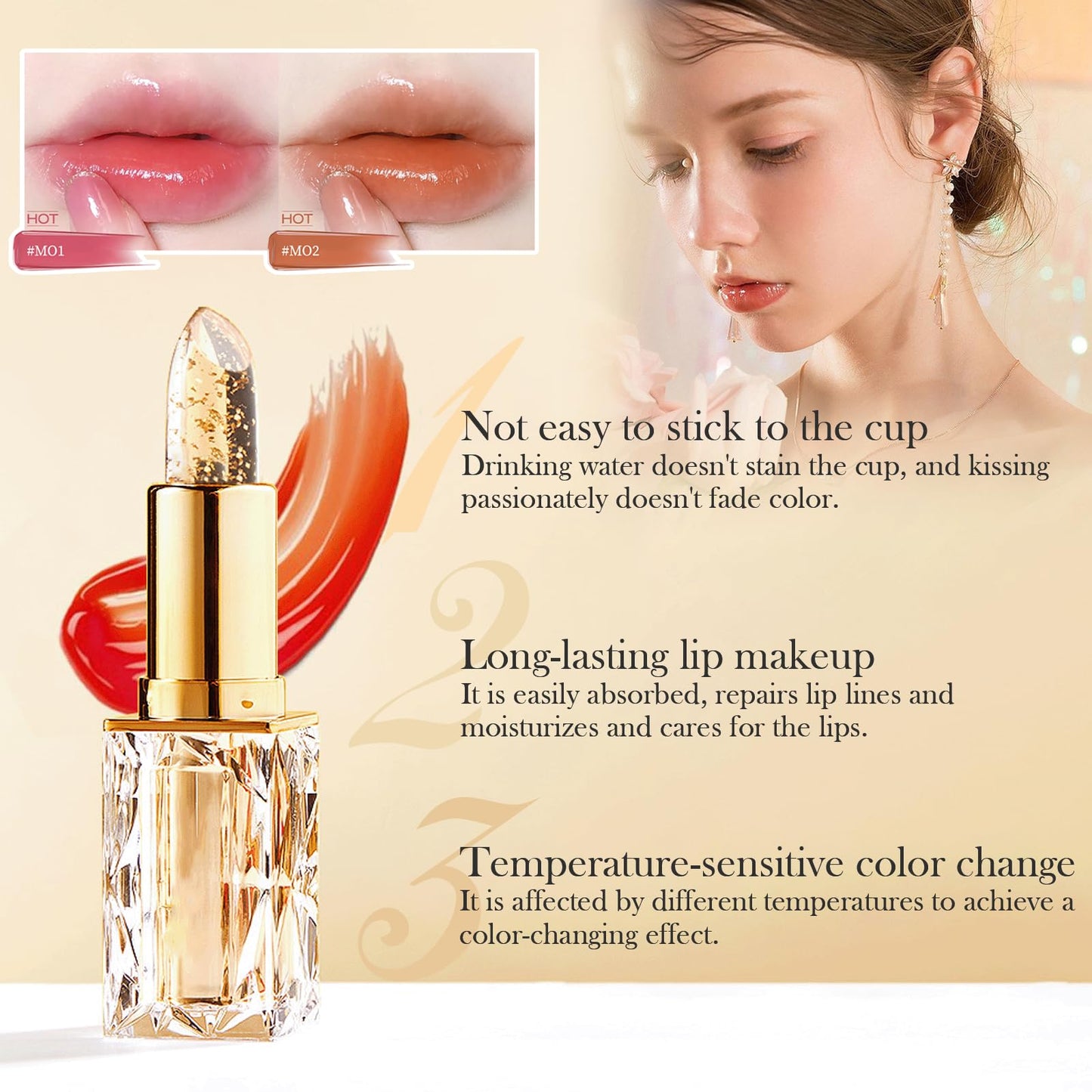 Transferproof Color Changing Lipstick,Gold Crystal Lipstick Color Changing Long Lasting,Vitamin E Nourishing For Cracked & Dry Lips (01)