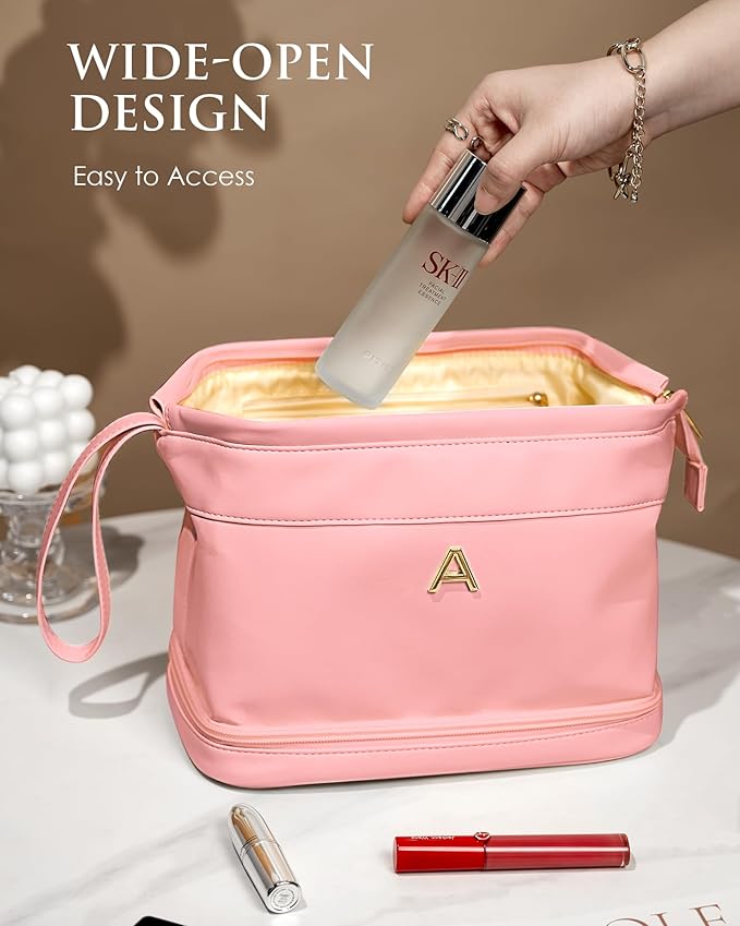 Wedding Gift Makeup Bag, Pink Stuff Cosmetic Bag with Makeup Brush Organizer, Waterproof, Large Capacity PU Leather Travel Toiletry Bag Retirement Gifts, Daughter Gifts