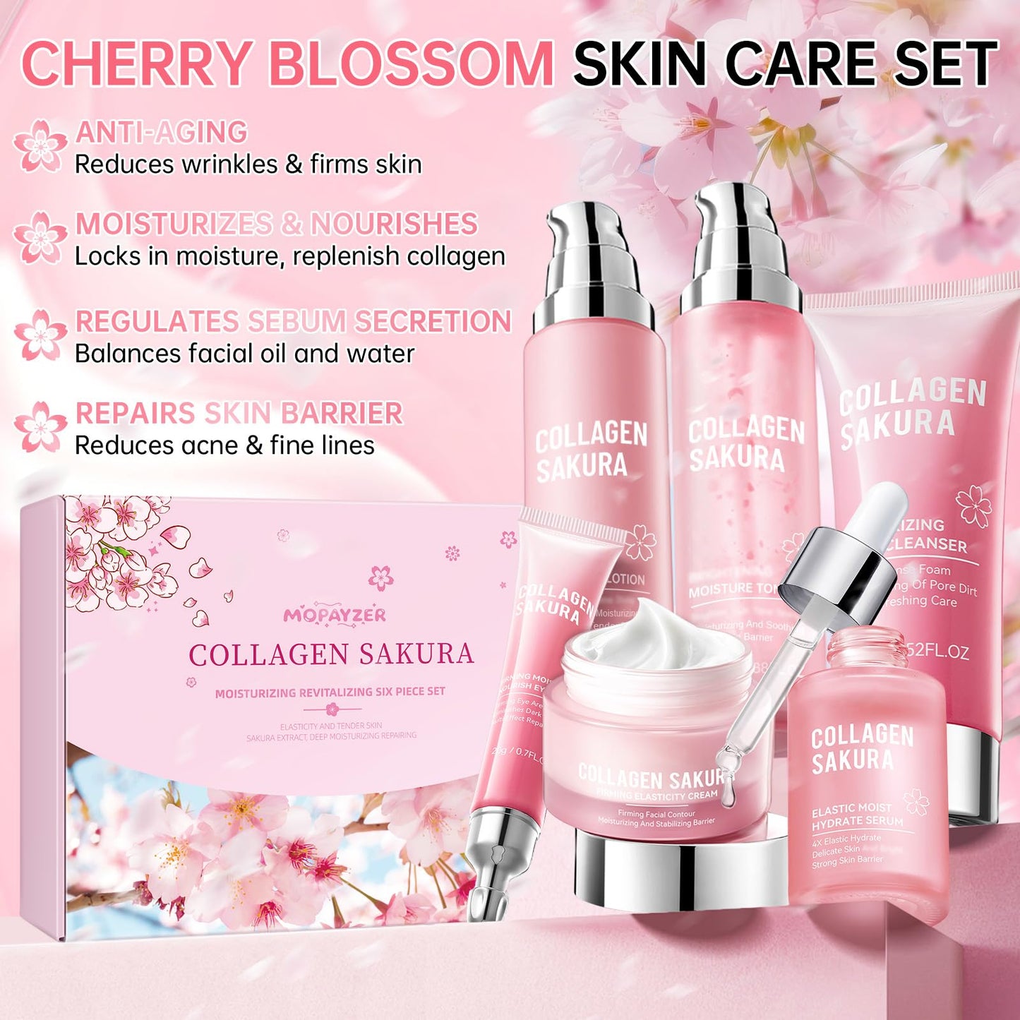 Collagen Sakura Skincare Gift Set, Cherry Blossom Skin Care Set for Teen Girls & Women, Moisturizing & Revitalizing Skin, 6Pcs Collagen Skin Care Routine Kits for Face, Korean Daily Skin Care