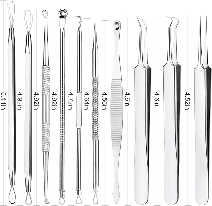 Pimple Popper Tool Kit,10 Pcs Professional Blackhead Remover Comedones Extractor for Easy Removal for Pimples,Blackheads,Zit Removing, Facial and Nose, Acne Removal Kit with Metal Box (Silver)