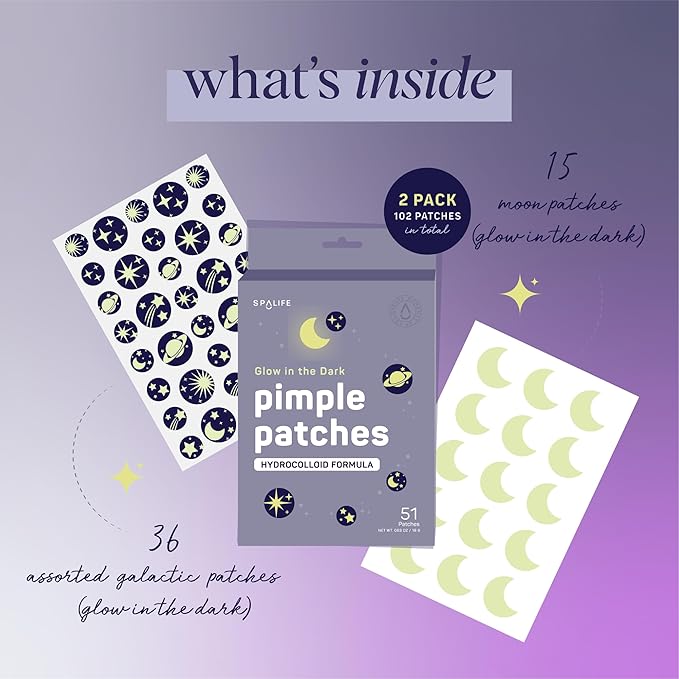 SpaLife Beauty Glow in the Dark Pimple Patches – Hydrocolloid Formula for Acne, Spots, Redness, and Oiliness – 132 Assorted – Acne Patches – Spot Treatment - zit Patches
