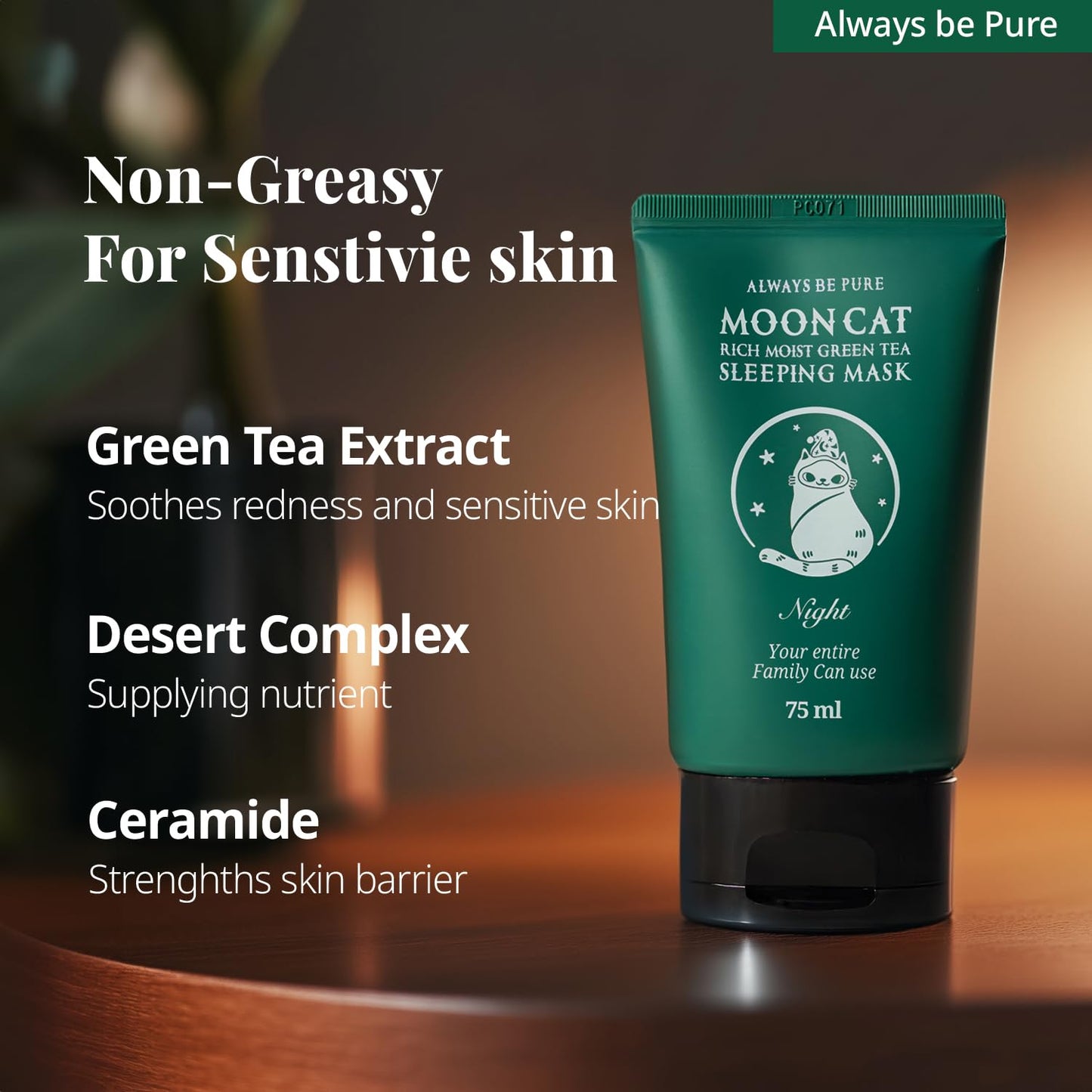 ALWAYS BE PURE Green Tea Sleeping Mask 75ml – Rich Moisture Night Mask, Hypoallergenic, Calms Redness, Deep Hydration for Sensitive Skin, Non-Sticky Korean Skincare