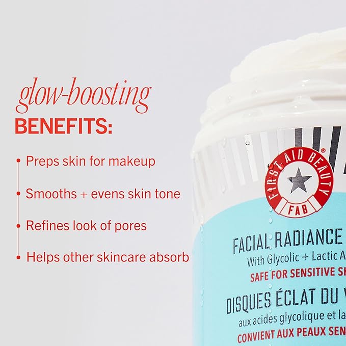 First Aid Beauty - Facial Radiance Pads with Glycolic & Lactic Acids, Daily Exfoliating Pads with AHA that Help Tone & Brighten Skin, Makeup Prep Pads, Compostable for Daily Use, 60 Pads, 2ct