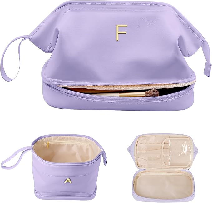 Initial Makeup Bag, Daughter Gifts, Personalized Double Layer Cosmetic Bag with Makeup Brush Organizer, Waterproof, Large Capacity PU Leather Travel Toiletry Bag Cute Things for Girls