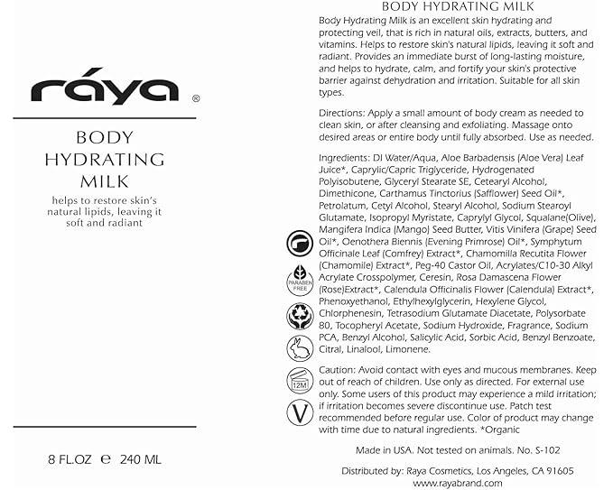Raya Body Hydrating Milk 8 oz (S-102) | Hydrating, Moisturizing, and Restorative Body Lotion | Rich in Natural Oils, Butters, and Vitamins | Calms and Softens