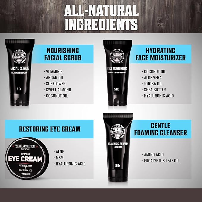 Viking Revolution Men's Facial Skin Care Kit - Includes Rejuvenating Face Moisturizer, Microdermabrasion Facial Scrub, Foaming Cleanser (5oz Each) and Eye Cream (1oz)