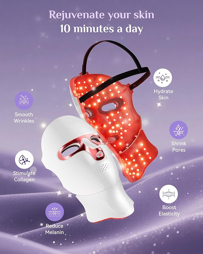 FOLOKE Red Light Therapy Mask for Face & Neck, LED Face Light Therapy,USB C Rechargeable,Infrared Mask for Home Working Travel Yoga