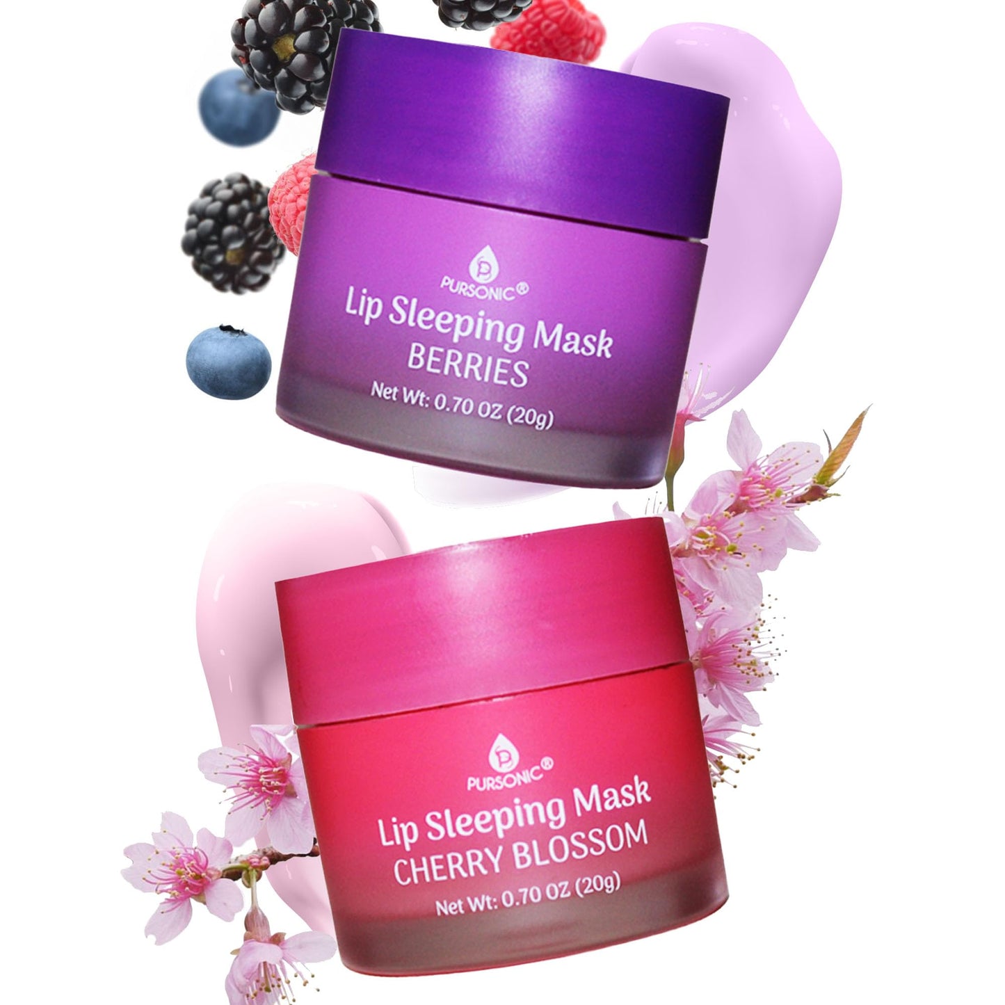 PURSONIC Lip Mask Overnight for Ultimate Lip Care - Hydrating Lip Moisturizer for Plump Lips Infused with Double Flavor Cherry Blossom and Berries - 2 Packs