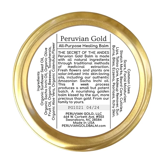 Peruvian Gold | All Purpose Healing Balm | Scars, Eczema, Facial Moisturizer Cream, Dry Skin, Hair, Sun Burns | All Organic Fair Trade Ingredients (2 Fl Oz) 2 Ounces Sustainably sourced ingredients