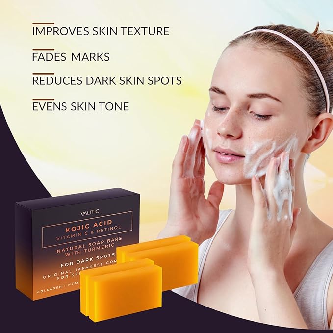 VALITIC 4 Pack Kojic Acid Vitamin C & Retinol Soap Bars for Dark Spot & A Pair Of Turquoise Exfoliating Gloves for Body Scrubs