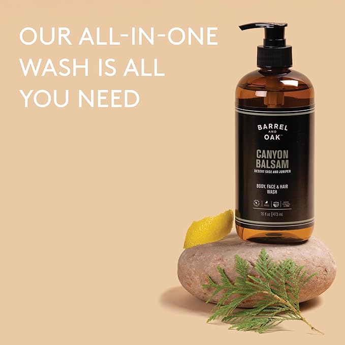 Barrel and Oak - All-In-One Body Wash, Men's Body Wash, Men's Soap for Hair, Face, & Body, Essential Oil-Based, Fir needle, Citrus Zest & Red Cedar Blend (Canyon Balsam, 16 oz)