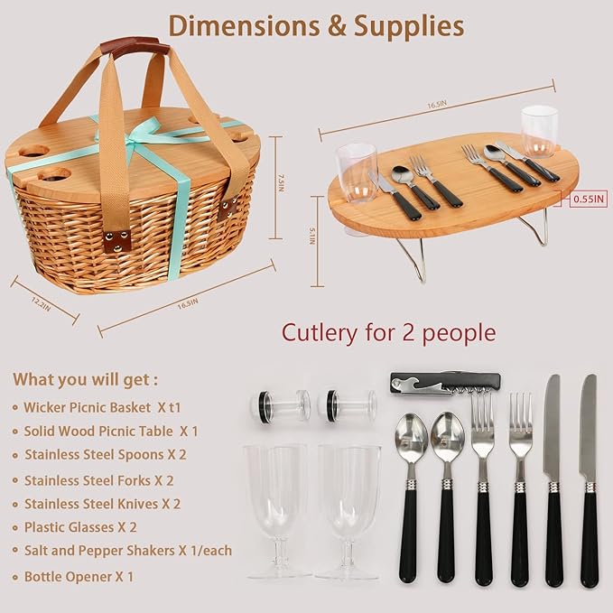 Hap Tim Wicker Picnic Basket Set for 2 with Mini Folding Wine Picnic Table & Large Insulated Cooler Bag & Cutlery Service Kits for 2 Person, Couples Gifts, Wedding Gifts (Y2209-2-CM)