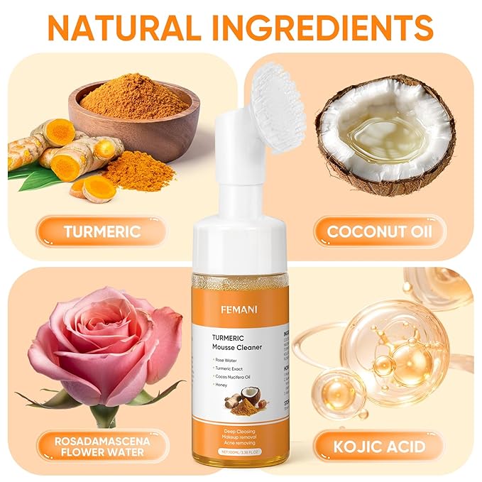2Pcs Turmeric Face Wash with Brush,Turmeric Facial Cleanser Foam,Foaming Face Cleanser,Deep Cleansing face Wash for All Type,3.38 fl.oz/pc
