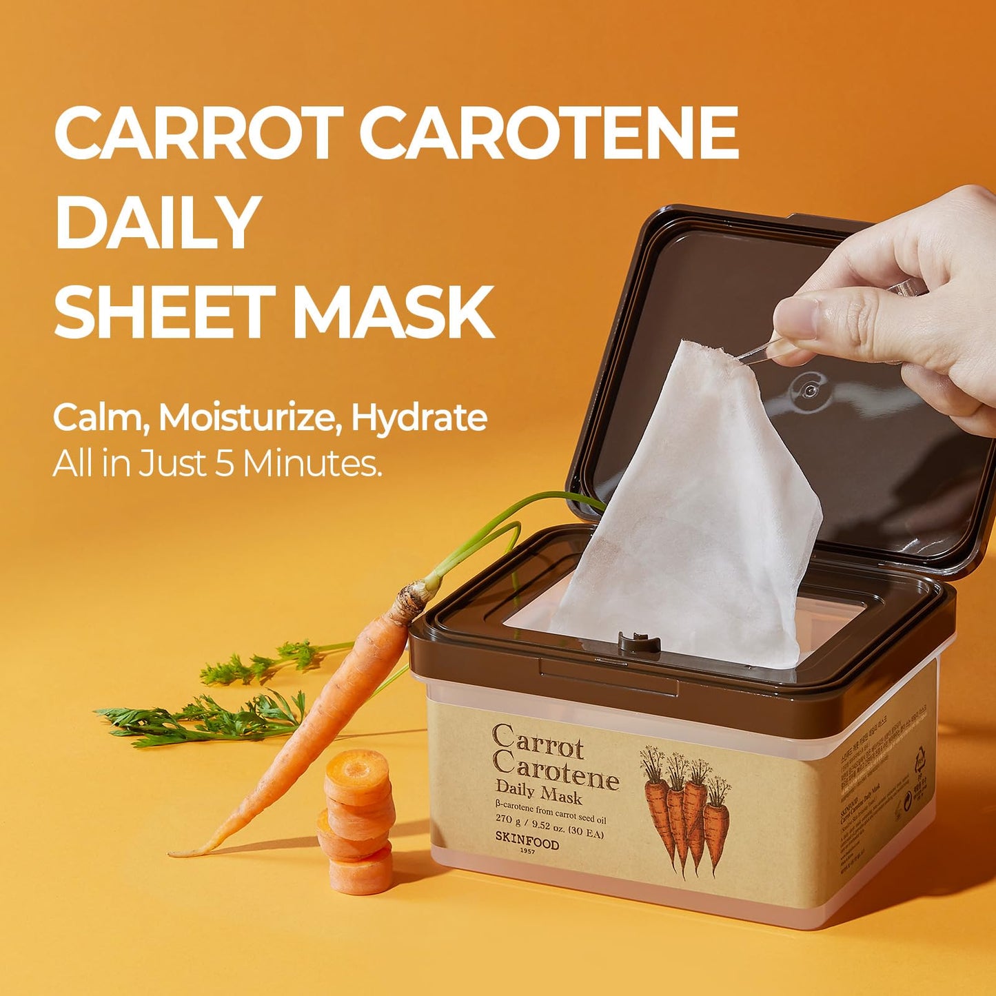 SKINFOOD Carrot Carotene Daily Sheet Mask, Korean Skincare Hack, 5-Minute Quick Hydrating, Soothing & Moisturizing Face Mask for Dry Skin, Glass Skin, Bulk Pack (30EA)