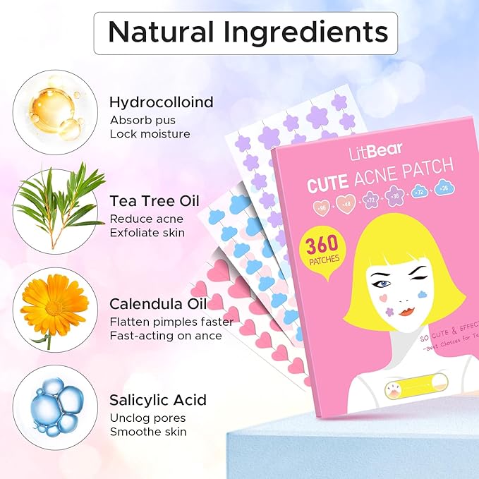 LitBear Acne Pimple Patch, 360 Dots 3 Shaped Colors Pimple Patches with Salicylic Acid, Tea Tree Oil & Calendula Oil, Hydrocolloid Acne Patch for Face, Blemish, Cute Zit Patch Pimple Sticker Acne Dots