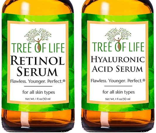 Tree of Life Beauty Facial Skin Care Set, Brightening, Firming, Hydrating, Dry Face, Dermatologist Tested - Retinol Serum and Hydrating Hyaluronic Acid - Skin Care Kit, 2 count of 1 Fl Oz
