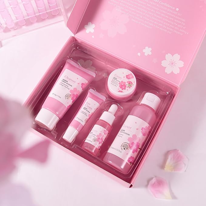 Cherry Blossoms Skin Care Sets, 5 PCS Routine Facial Skin Care for Women Teens Girls, Beauty Gifts Sets, Glow Up, Moisturizing, Even Skin Tone, for All Skin Type