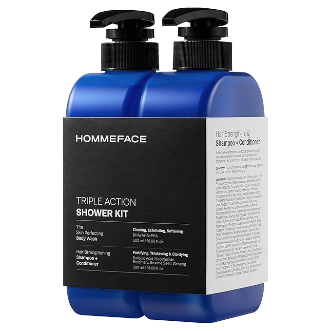 HOMMEFACE Men’s Triple Action Shower Kit - 2 Piece Set with 2-in-1 Hair Strengthening Shampoo + Conditioner & Body Wash with Pump - Korean Skincare Technology for Body Acne and Scalp Health