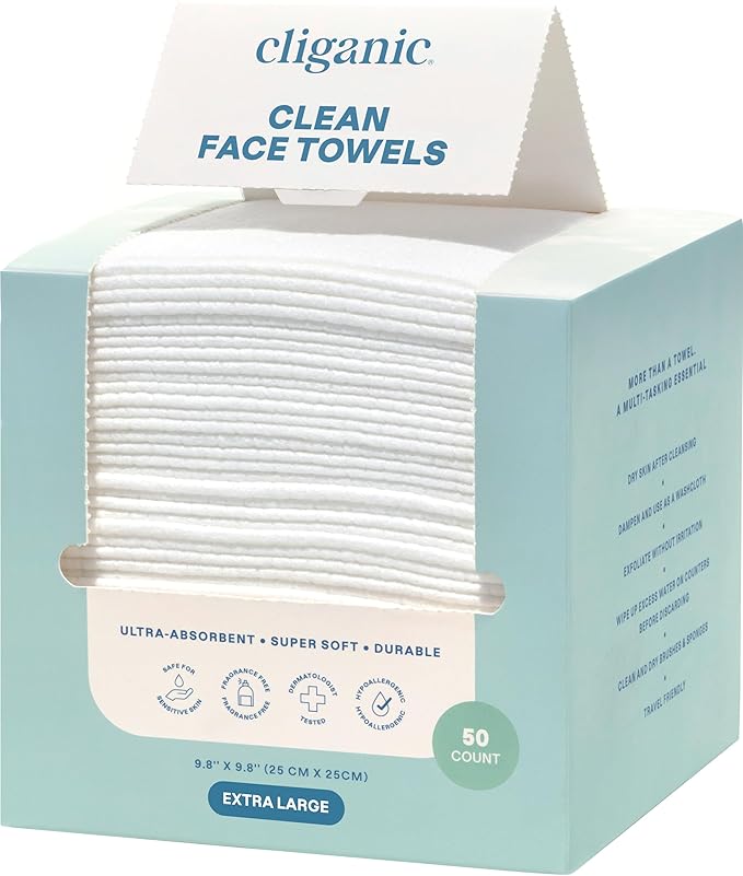 Cliganic Clean Face Towels XL, Disposable, Ultra-Absorbent, Hypoallergenic & Soft - Makeup Remover Dry Wipes, Pamper Your Face, Feel Fresh & Radiant, Hygienic Towelettes, for All Skin Types (50 Ct)