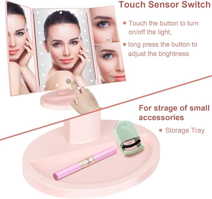 deweisn Tabletop Mount Tri-Fold Lighted Vanity Mirror with 21 LED Lights, Touch Screen and 3X/2X/1X Magnification, Two Power Supply Modes Make Up Mirror,Travel Mirror