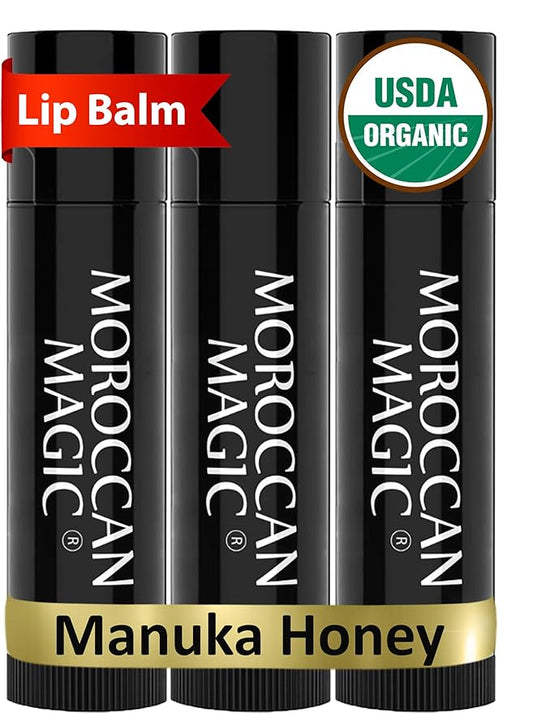 Moroccan Magic Organic Manuka Honey Lip Balm 3 Pack | Ultra-Hydrating Argan & Essential Oil Lip Moisturizer + Vitamin E | Natural Chapstick for Dry Lips | Smooth, Non-Toxic | Organic Lip Balm