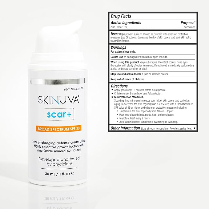 Skinuva® Next Generation Scar+ Cream - Advanced Silicone Scar Cream Matrix +SPF 30 Formulated with Growth Factors & Helps Reduce the Appearance of Scars (1 oz)
