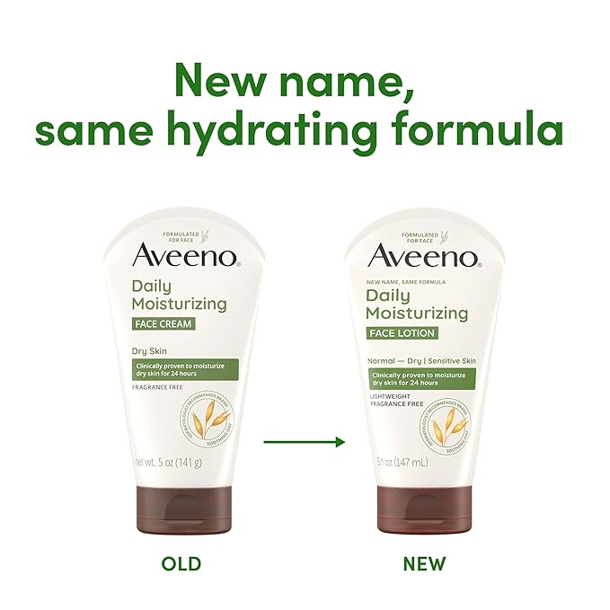 Aveeno Daily Moisturizing Face Lotion with Soothing Prebiotic Oat, Lightweight Non-Greasy Facial Moisturizer for Normal to Dry, Sensitive Skin, 24-Hour Moisture, Fragrance-Free, 5 oz