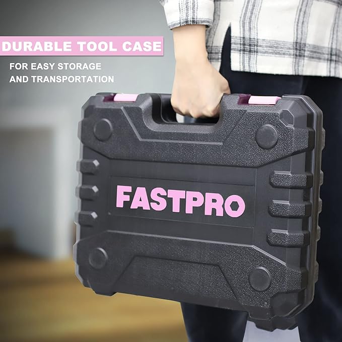 FASTPRO 177-Piece 20V Pink Cordless Lithium-ion Drill Driver and Home Tool Set, Lady's Home Repairing Tool Kit with Drill in Storage Case