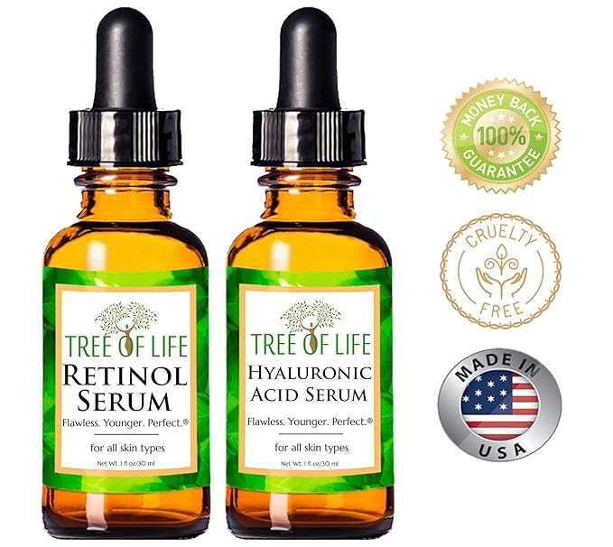 Tree of Life Beauty Facial Skin Care Set, Brightening, Firming, Hydrating, Dry Face, Dermatologist Tested - Retinol Serum and Hydrating Hyaluronic Acid - Skin Care Kit, 2 count of 1 Fl Oz