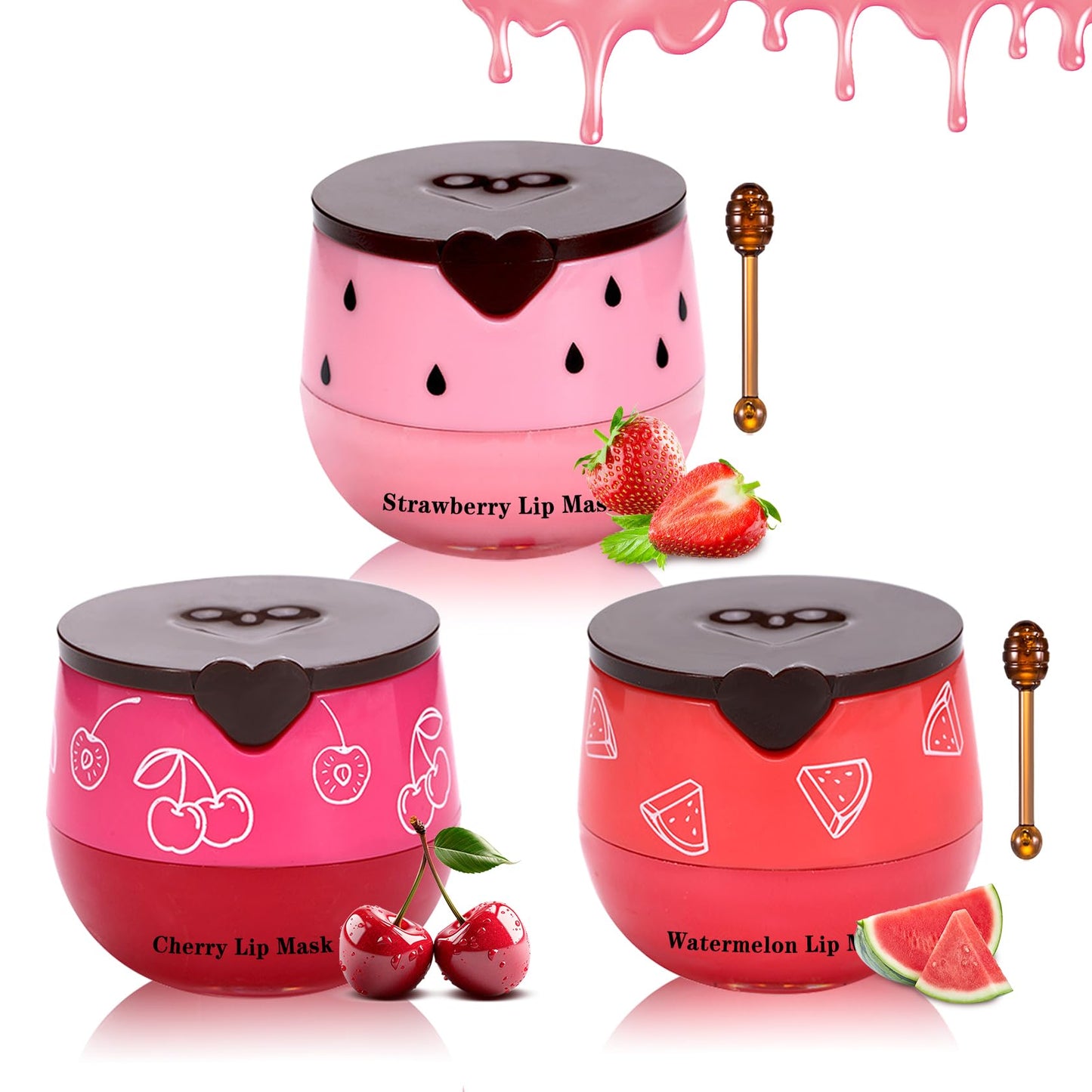 ZHISHUDL Bee Lip Balm Honey Pot 3PCS Strawberry Watermelon Cherry Lip Balm Lip Sleeping Mask Moisturizing Hydrating Bee Lip Balm Reduces Lip Lines, Lip Care Products for All Skin Types