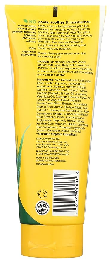 Alba Botanica Aloe Vera Gel for Skin, Cooling After Sun Treatment for Face and Body, Made with Purity Certified 80% Aloe Vera Gel Formula, 8 fl. oz. Tube