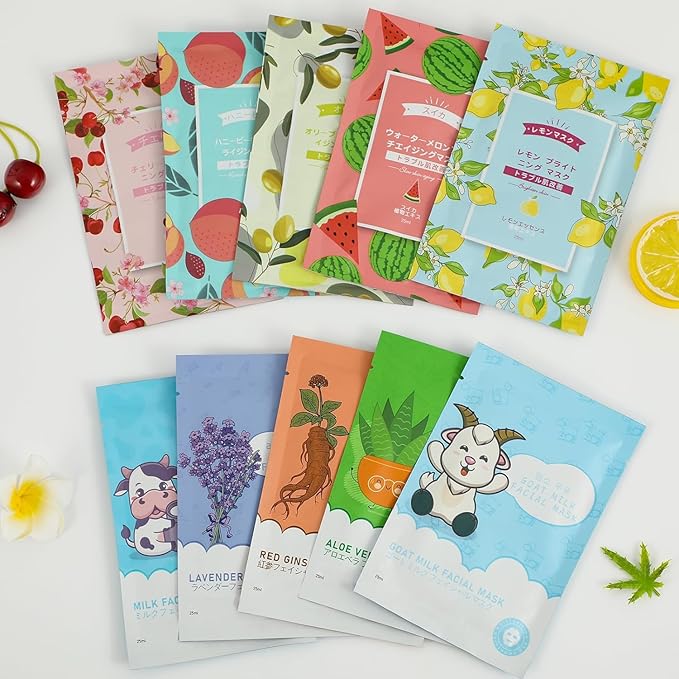 20 Pack Sheets Face Masks Skincare for All Skin Types, Hydrating Facial Masks, Watermelon, Aloe Vera, Peach, Oil Contral, Bulk Facial Mask for Women, Moisture Face sheet Masks for Spa