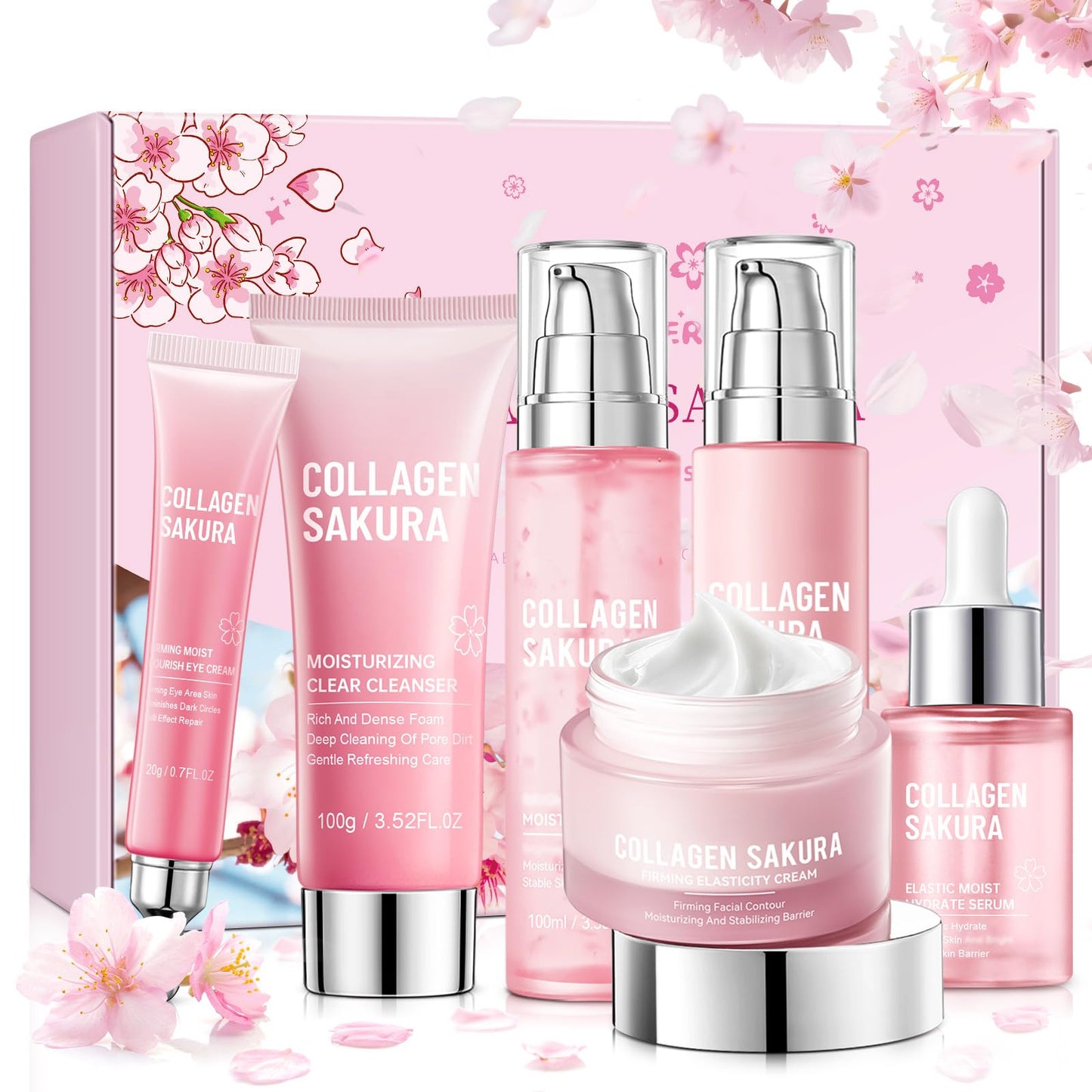 Collagen Sakura Skincare Gift Set, Cherry Blossom Skin Care Set for Teen Girls & Women, Moisturizing & Revitalizing Skin, 6Pcs Collagen Skin Care Routine Kits for Face, Korean Daily Skin Care
