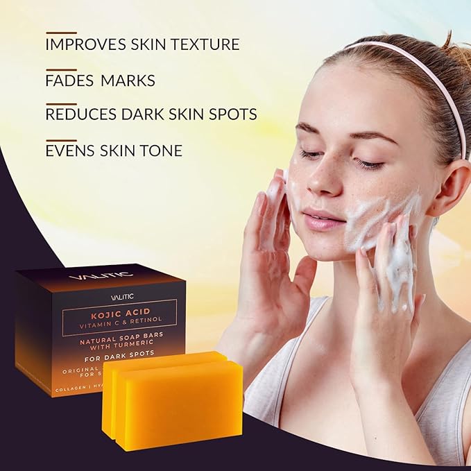 VALITIC Kojic Acid Vitamin C and Retinol Soap Bars with Turmeric for Dark Spot - Original Japanese Complex with Collagen, Hyaluronic Acid, Vitamin E (2-Pack) - with Soap Holder