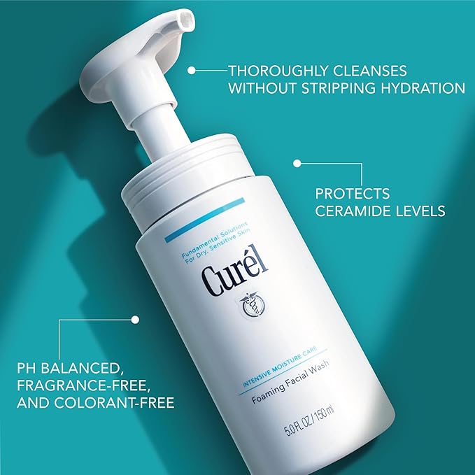 Curel Japanese Skin Care Foaming Daily Face Wash for Sensitive Skin, Hydrating Facial Cleanser for Dry Skin, pH-Balanced and Fragrance-Free, 5 Oz (Step 2 of 2-Step Skincare)
