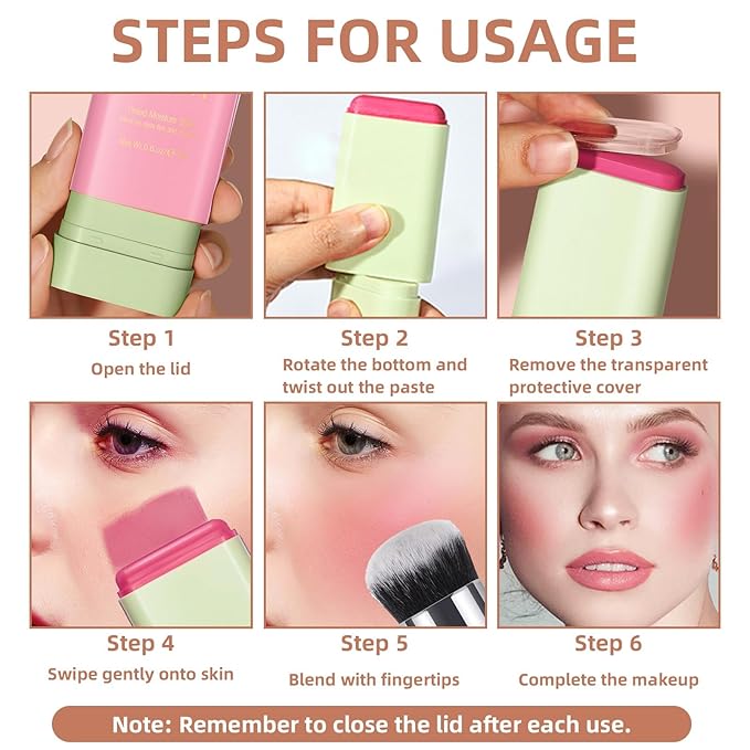 Cream Blush Stick for Cheeks, Multi-Use Makeup Blush Brush-Shy Pink